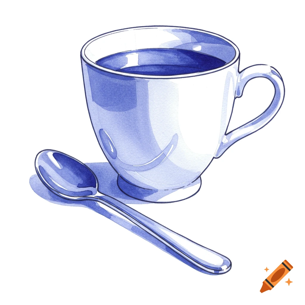 A blue watercolor sketch of a porcelain coffee cup and spoon