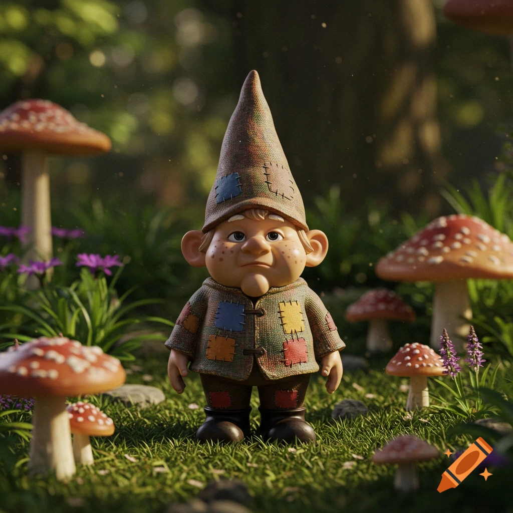 A cute gnome stands in a forest clearing surrounded by mushrooms and flowers.
