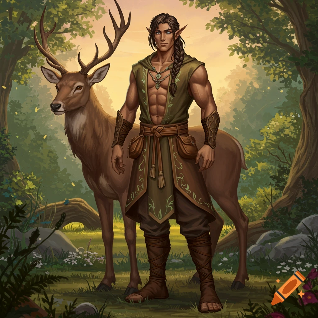 Painting of a male half-elf druid standing with a deer in a forest at sunset.