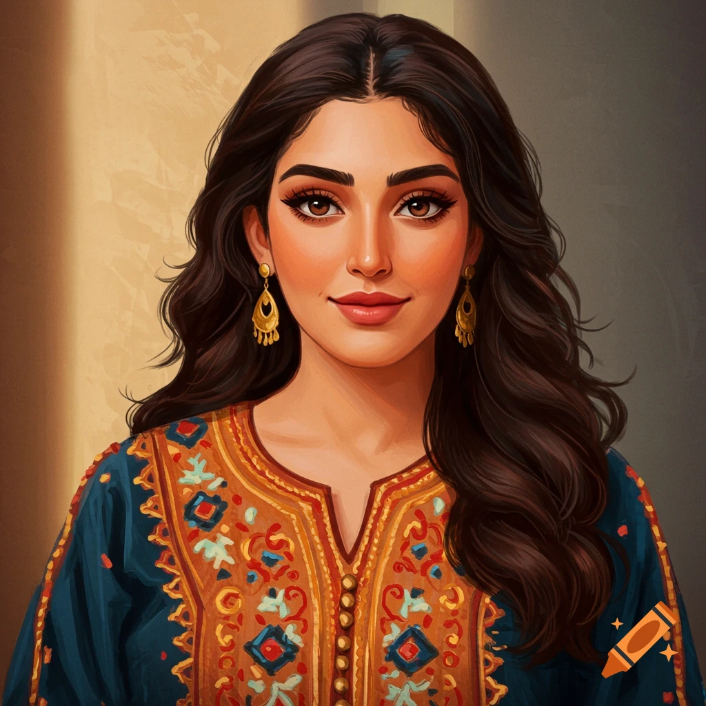 Portrait of a woman wearing a blue dress with colorful embroidery and gold earrings.