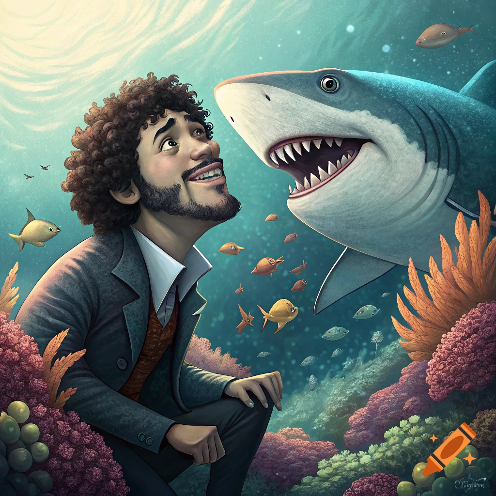 Cartoon style image of a man smiling at a shark underwater with coral and fish.