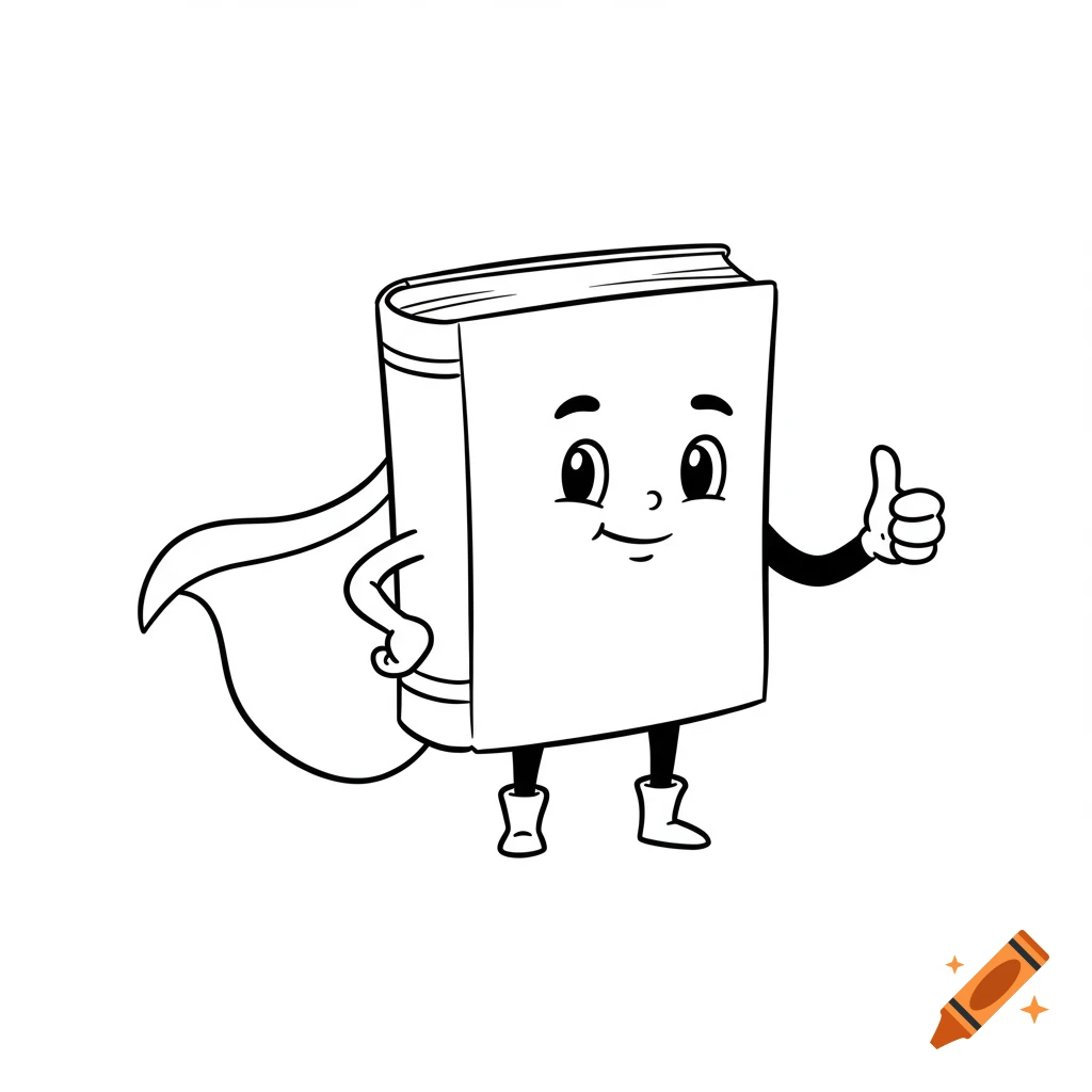 A simple line drawing of an anthropomorphic book character wearing a cape and giving a thumbs up.