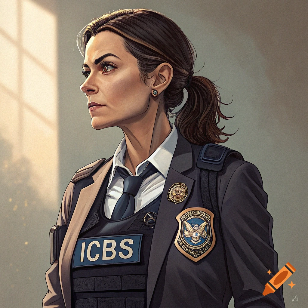 Illustration of a woman in a suit and bulletproof vest with badges, looking left.