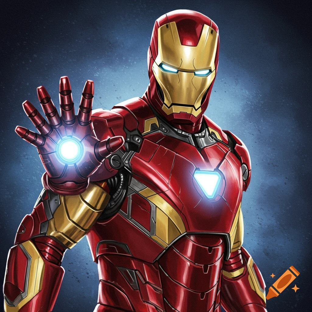 Image of Iron Man in his suit, raising his hand with a glowing repulsor.