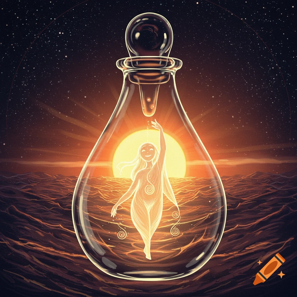Glowing ethereal figure inside a glass bottle during a sunset over water with stars.