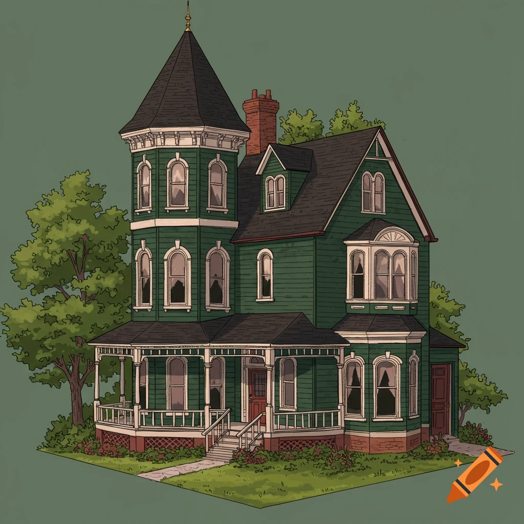 A green Victorian-style house with a tower and wrap-around porch, surrounded by a garden.