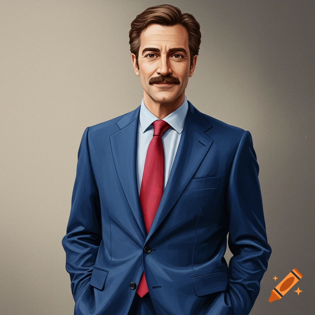 A man in a blue suit and red tie with a mustache stands with his hands in his pockets.