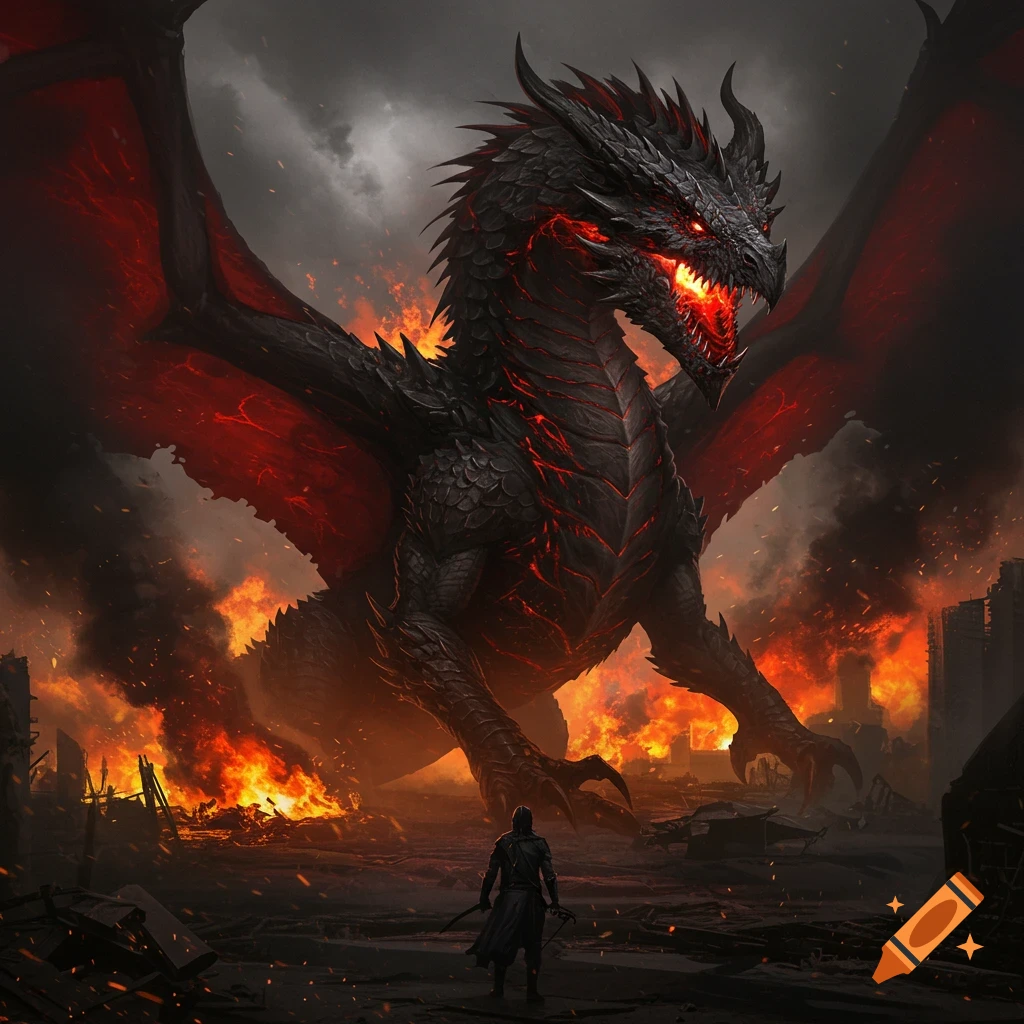 A huge black dragon with glowing red eyes stands over a lone figure in the ruins of a burning city.