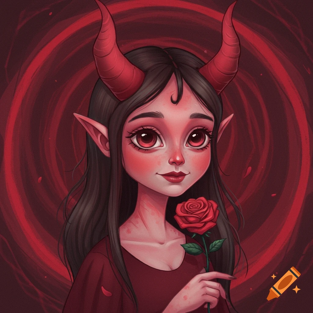 Stylized image of a female demon with red skin and horns, holding a red rose.