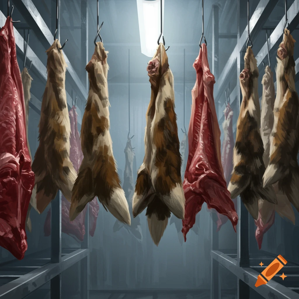 Skinned and furred animal carcasses hanging in a meat locker.