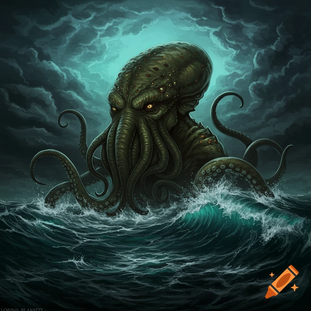 A large, tentacled creature like Cthulhu rising from a stormy sea.