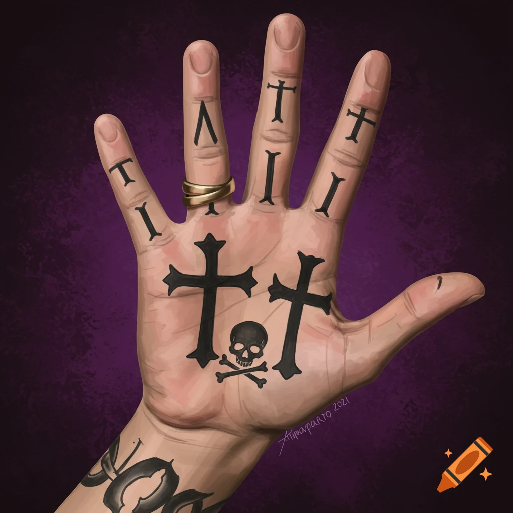 A hand with black cross and skull tattoos and a gold ring.