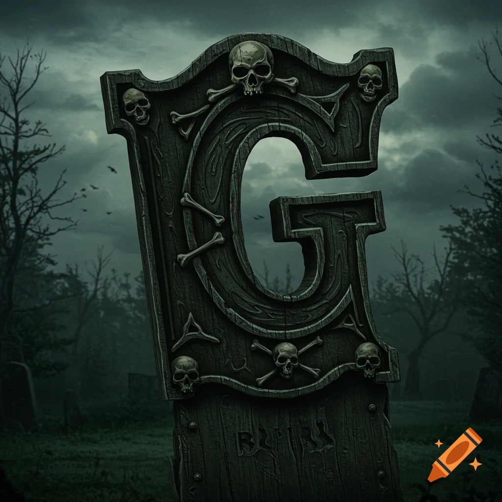 A dark, gothic tombstone shaped like the letter G, decorated with skulls and crossbones, in a graveyard.