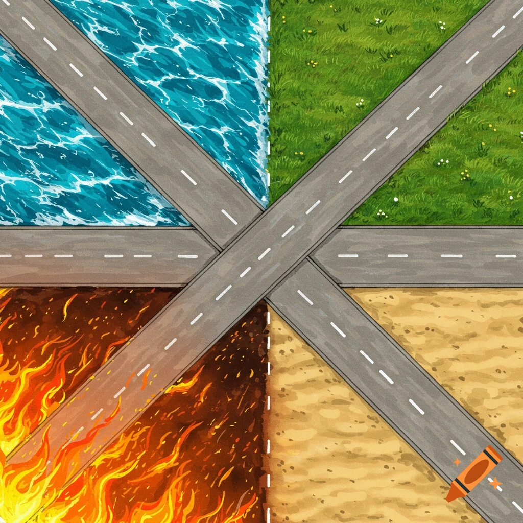 Drawing of roads crossing over sections of water, grass, fire, and sand.
