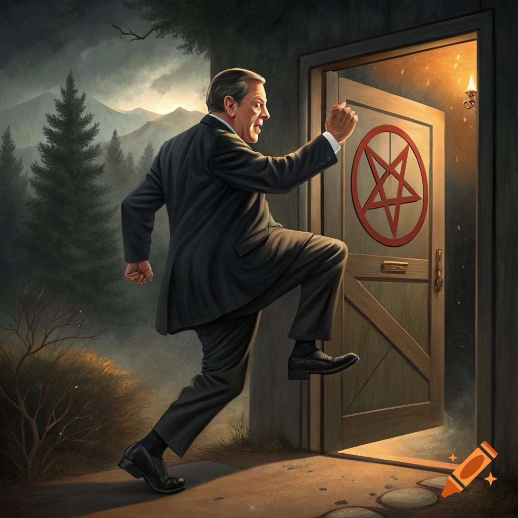A man in a suit kicks a wooden door with a red pentagram symbol in a dark, atmospheric landscape.