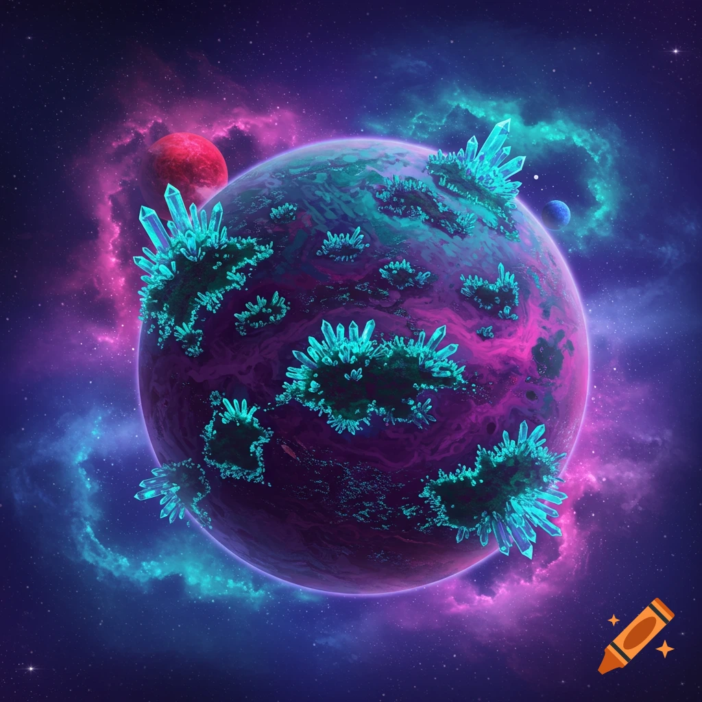 A purple planet covered in glowing teal crystals in space with a red planet and nebula.