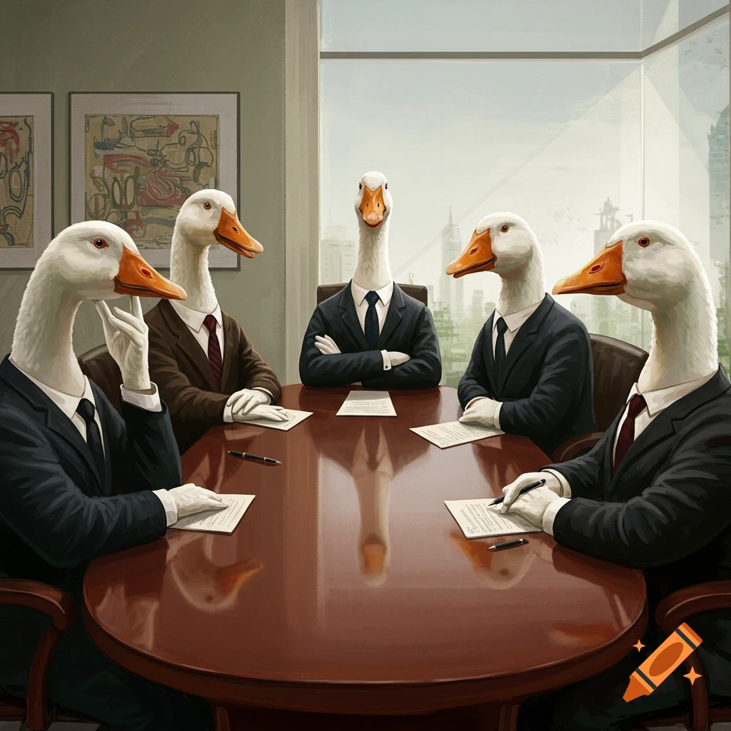Geese in suits having a business meeting.