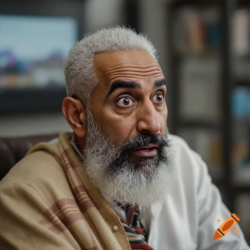 Close-up photorealistic portrait of a man with white hair and beard looking surprised.