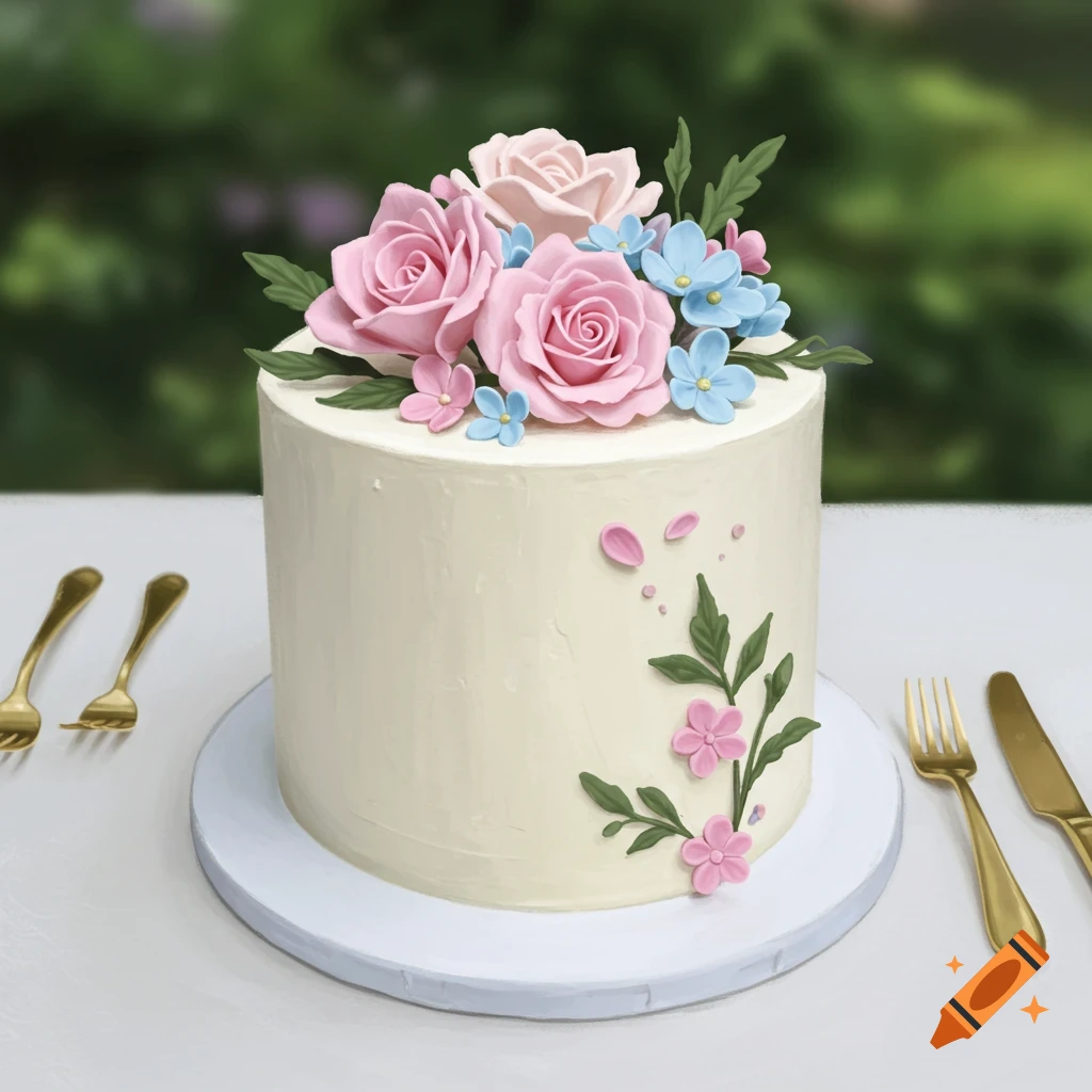 A white cake decorated with pink and blue flowers on a table with cutlery.