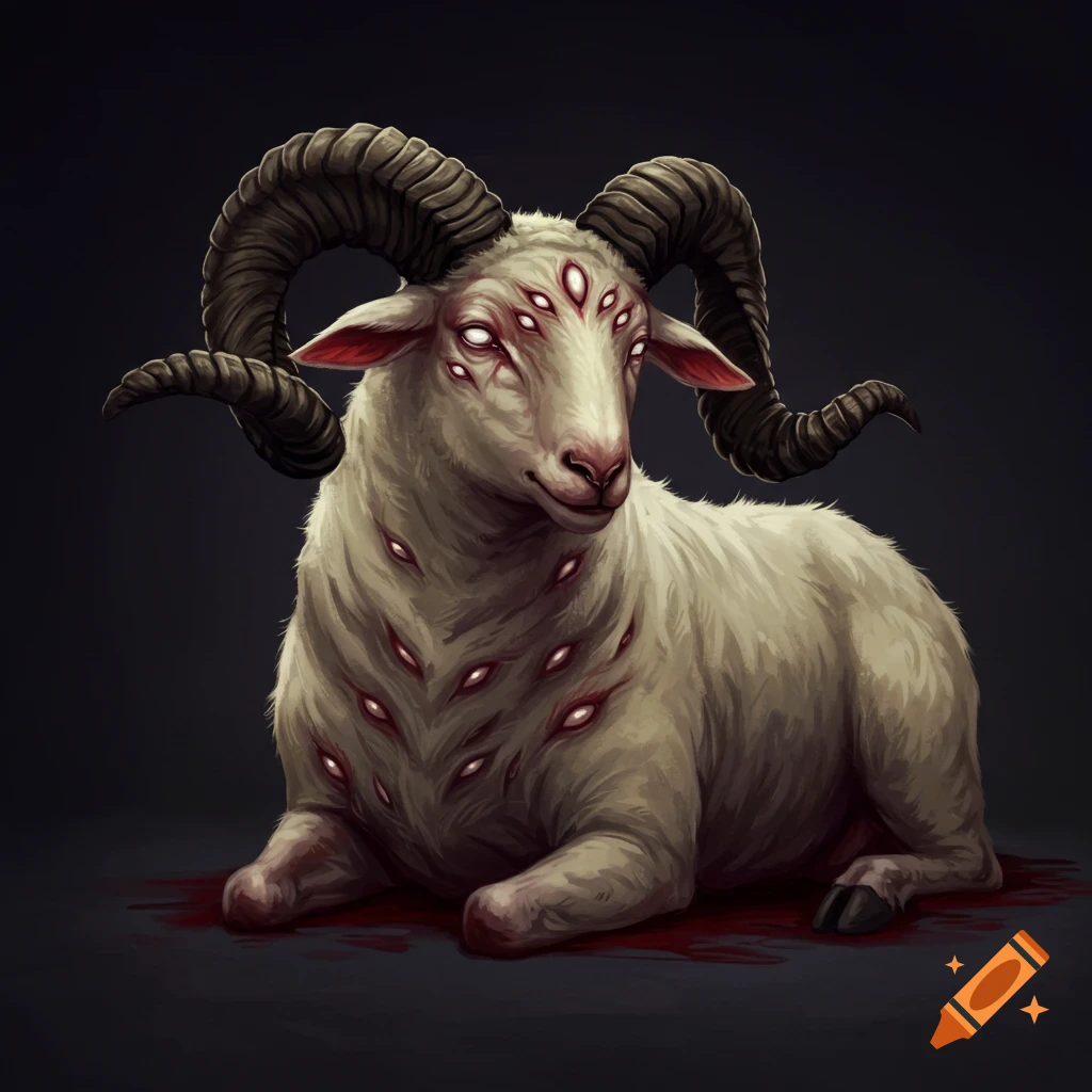 Painting of a ram-like creature with many eyes and large horns, sitting in blood.
