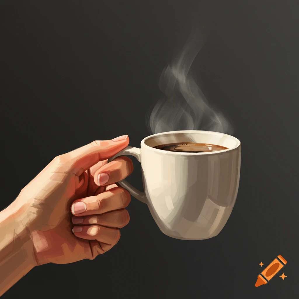 A hand holding a steaming cup of coffee