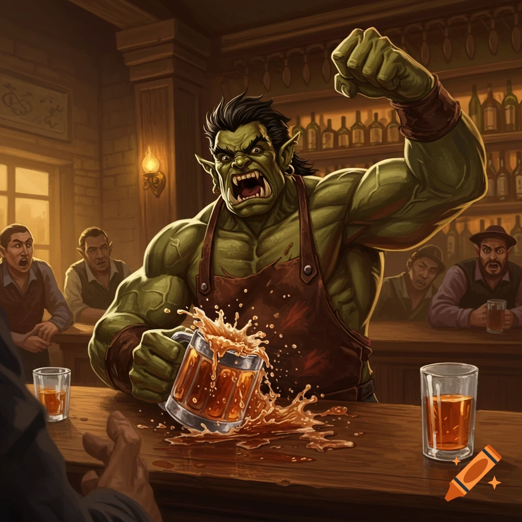 A muscular half orc bartender in an apron rages at the bar, slamming a mug and spilling beer.
