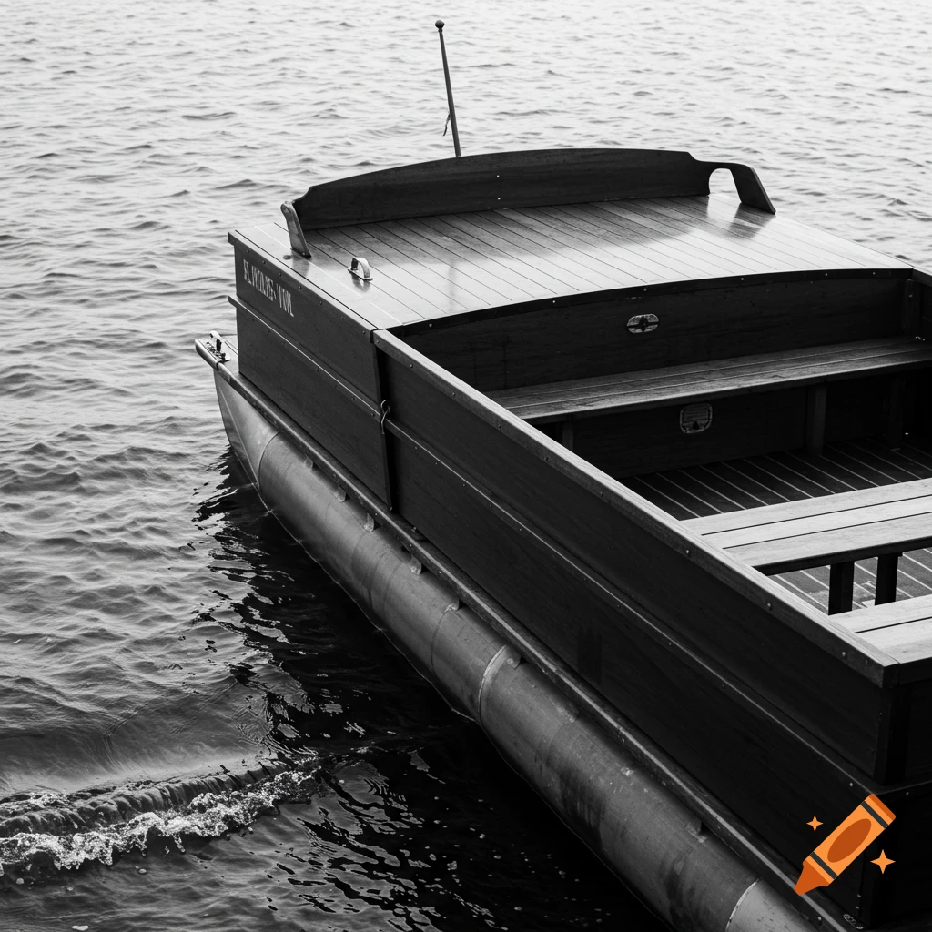 Black and white photo of a pontoon boat on water