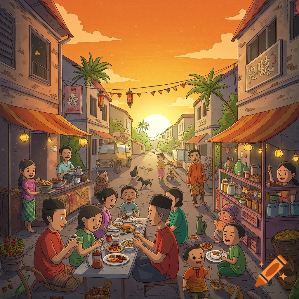 People eating in a street scene at sunset.