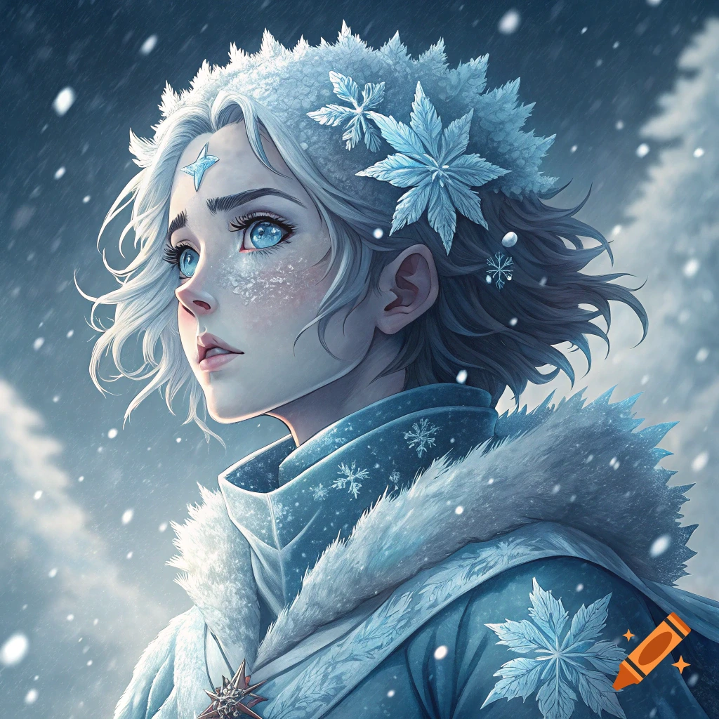 Anime portrait of a girl with white hair and blue eyes covered in snow and ice.