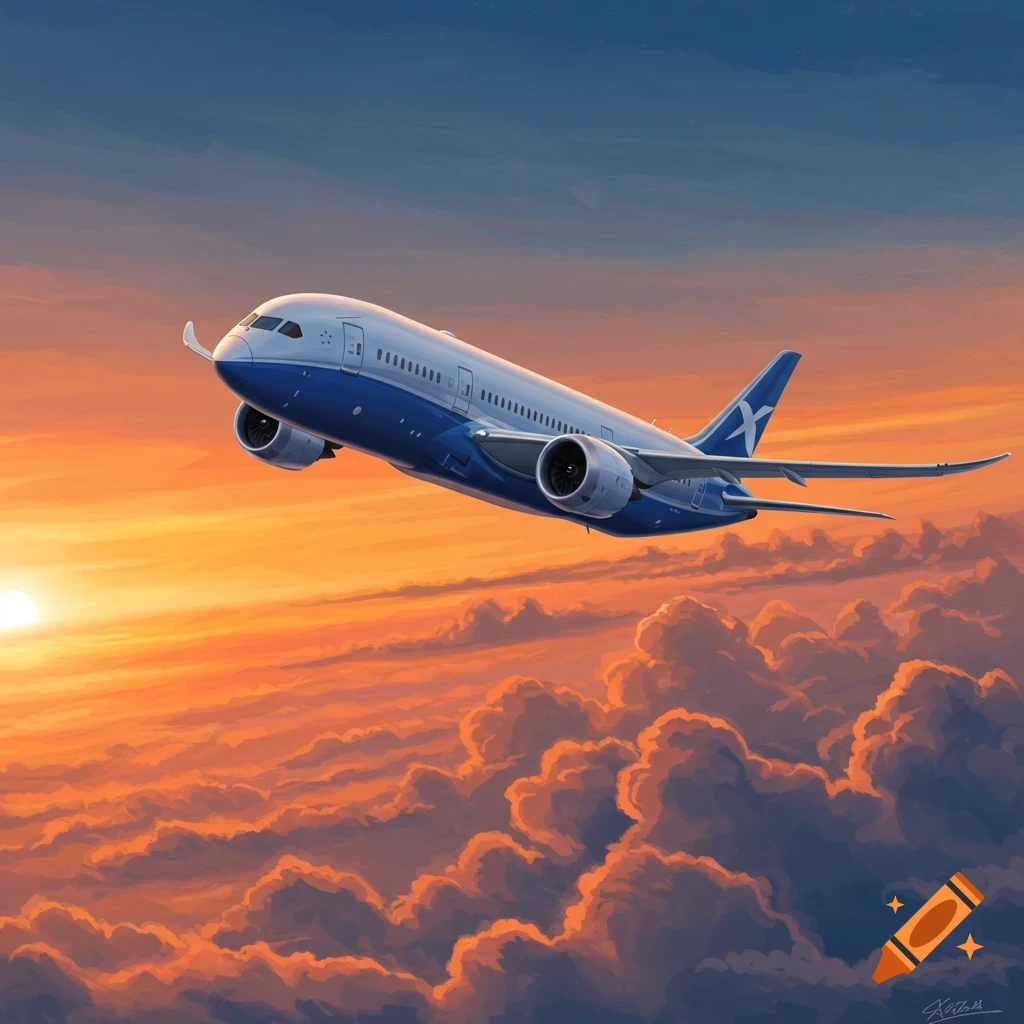 A passenger airplane flying above clouds during sunset.
