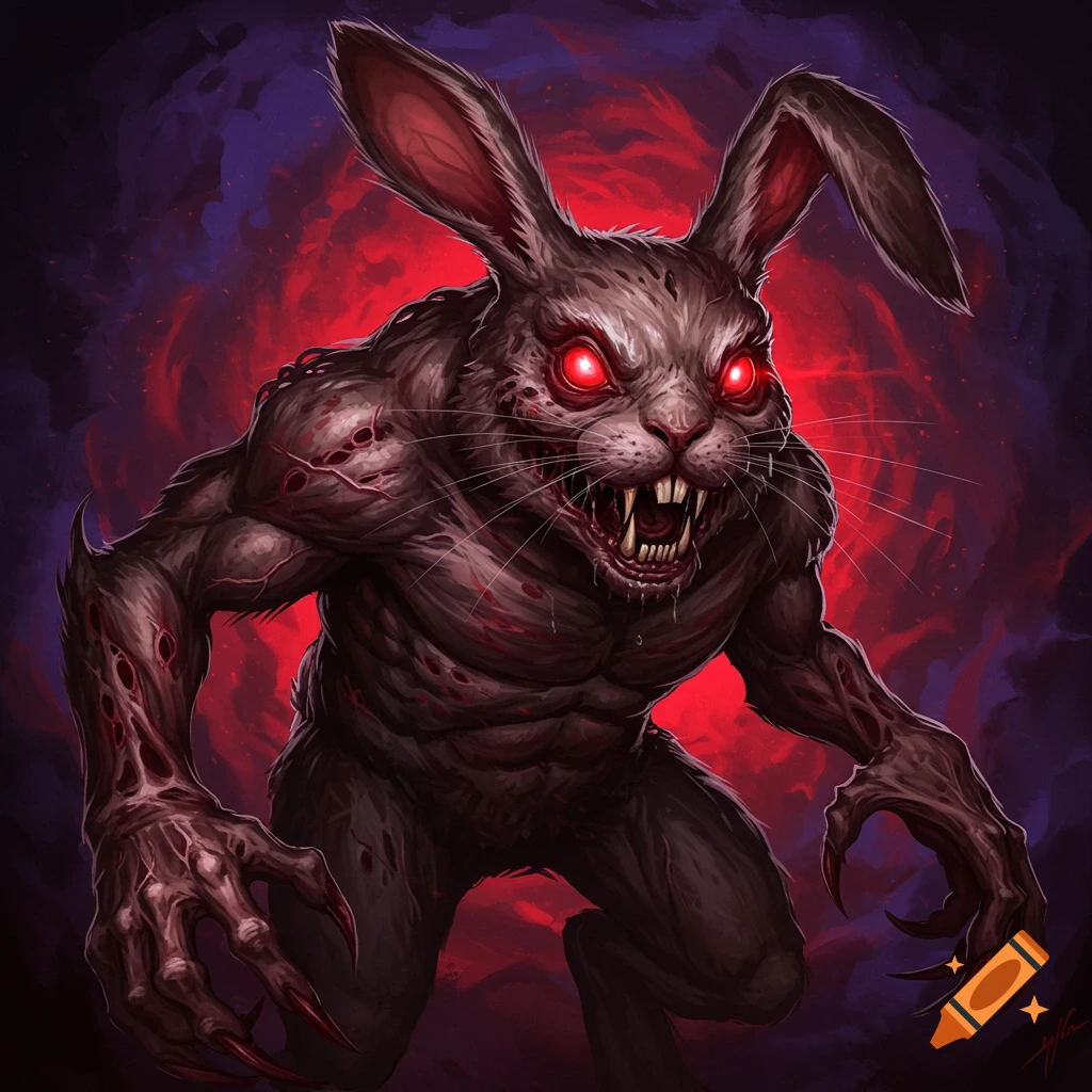 A scary rabbit monster with red eyes, sharp teeth, and claws, against a dramatic red and purple background.
