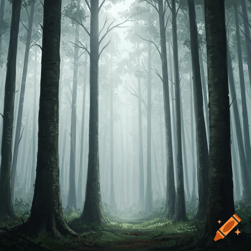 Misty forest with sunlight filtering through tall trees onto the forest floor.