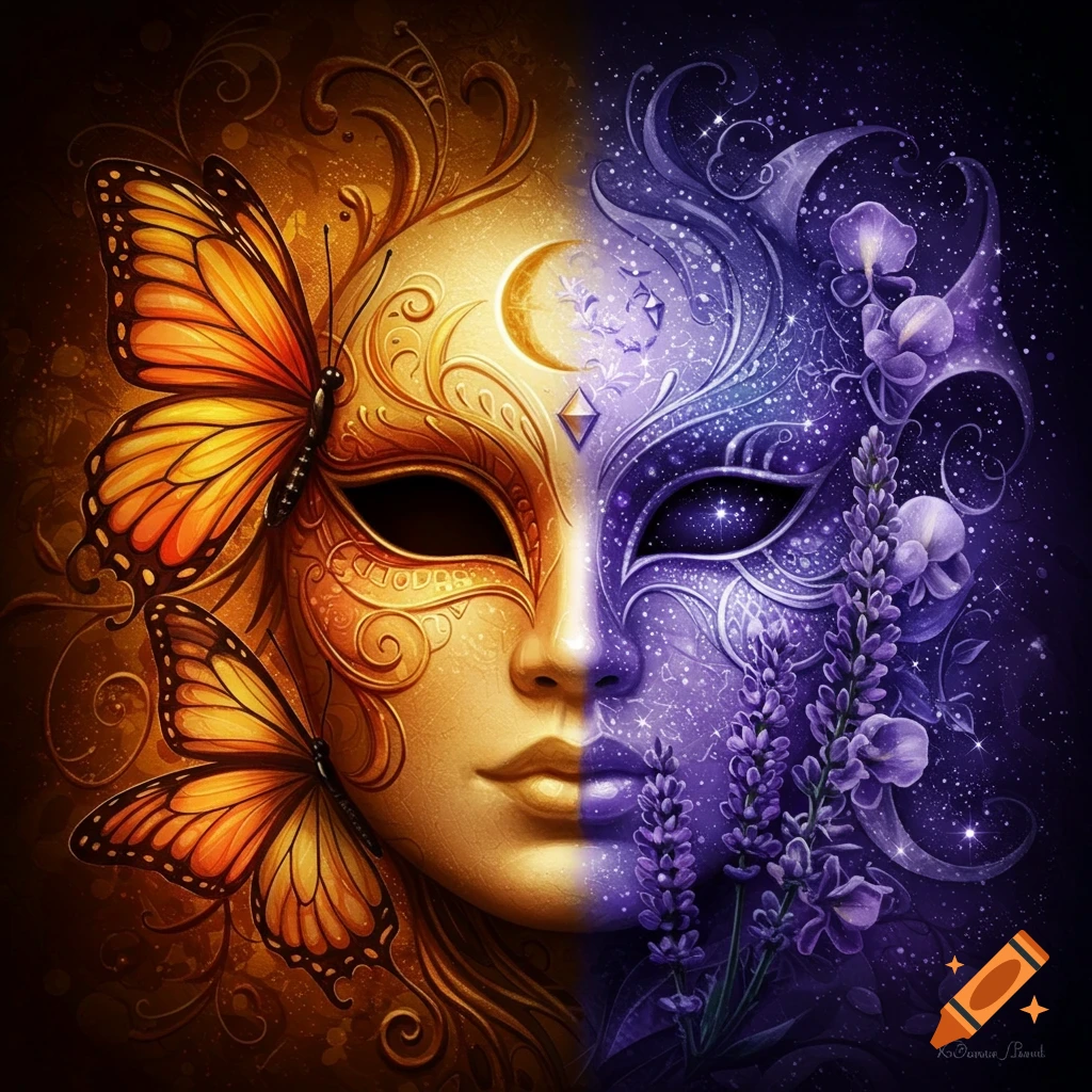 A masquerade mask split down the middle, one side golden with butterflies, the other purple with stars and flowers.