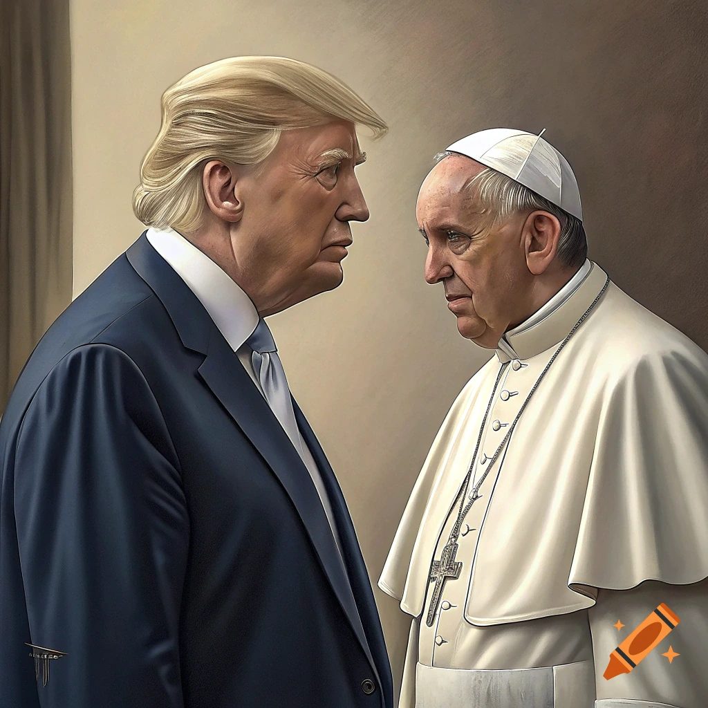 An illustration resembling Donald Trump in a suit and Pope Francis in papal attire facing each other.