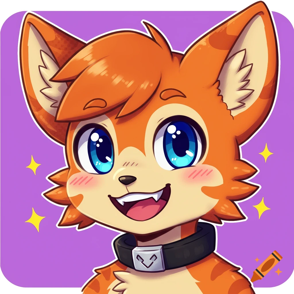 Cartoon portrait of an orange fox character with big blue eyes and a collar