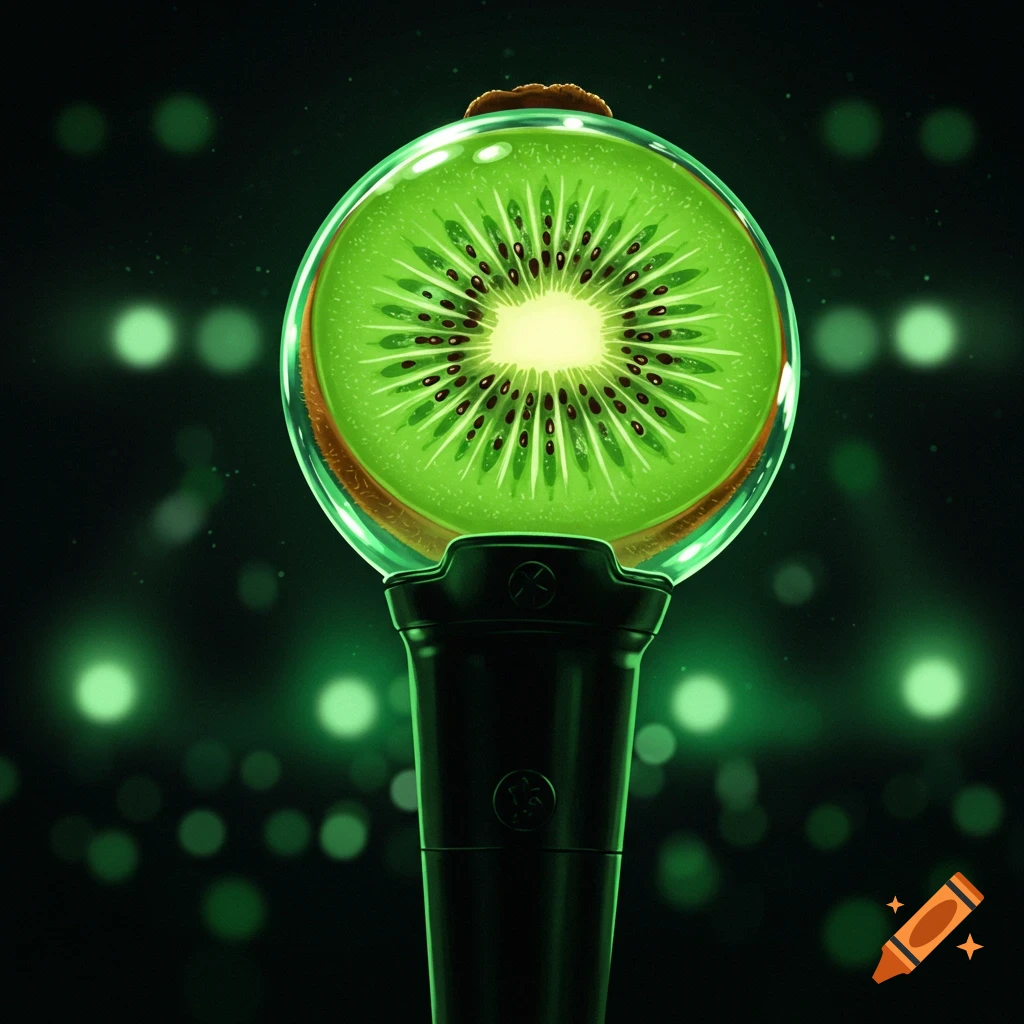 Kiwi-themed concert lightstick against a blurry green background.