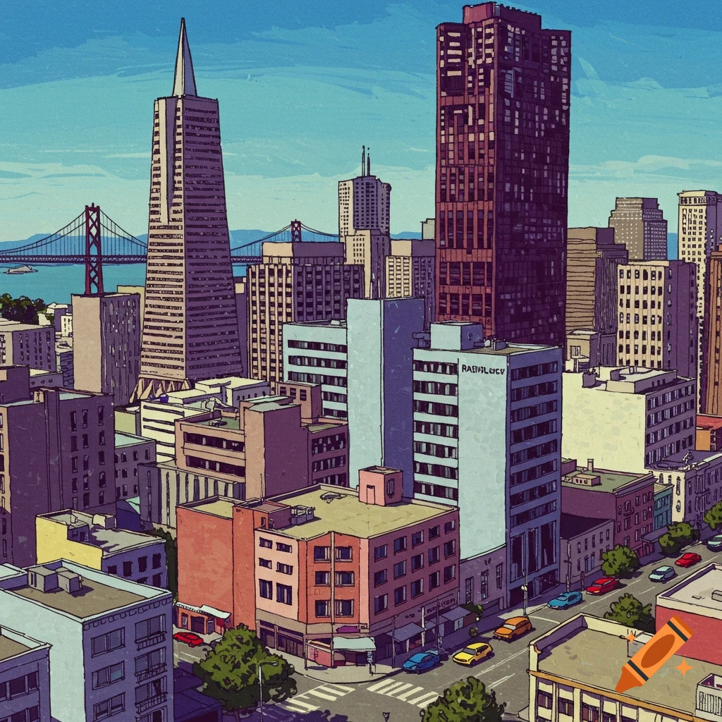 San Francisco skyline with the Transamerica Pyramid, Bay Bridge, and buildings.