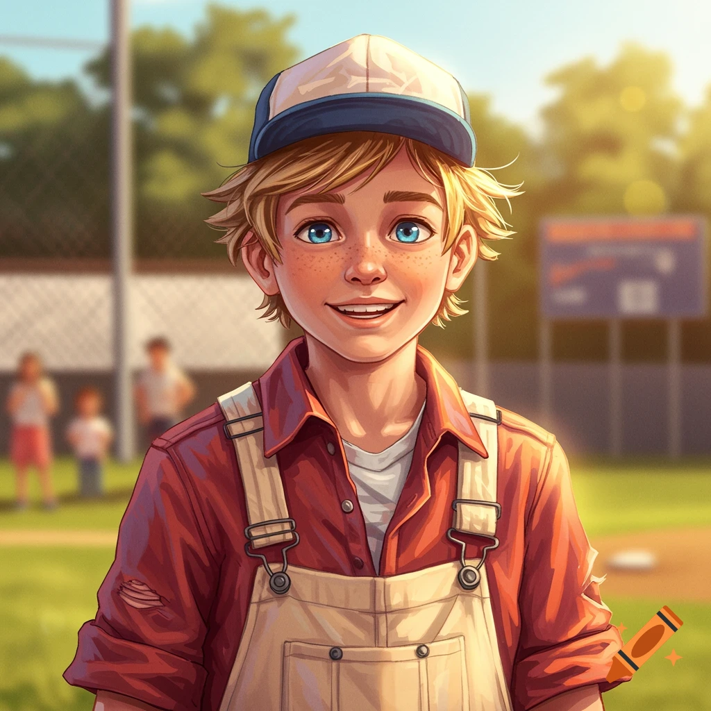 A smiling blond boy in overalls and a baseball cap is at a sunny baseball field.