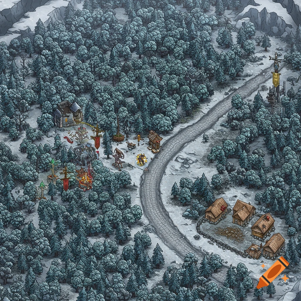 Isometric dnd style map of a snowy forest with a path, village, and fantasy structures.