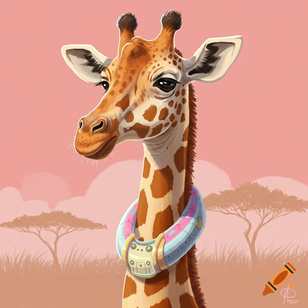 A giraffe wearing a futuristic collar stands in a savanna at sunset.