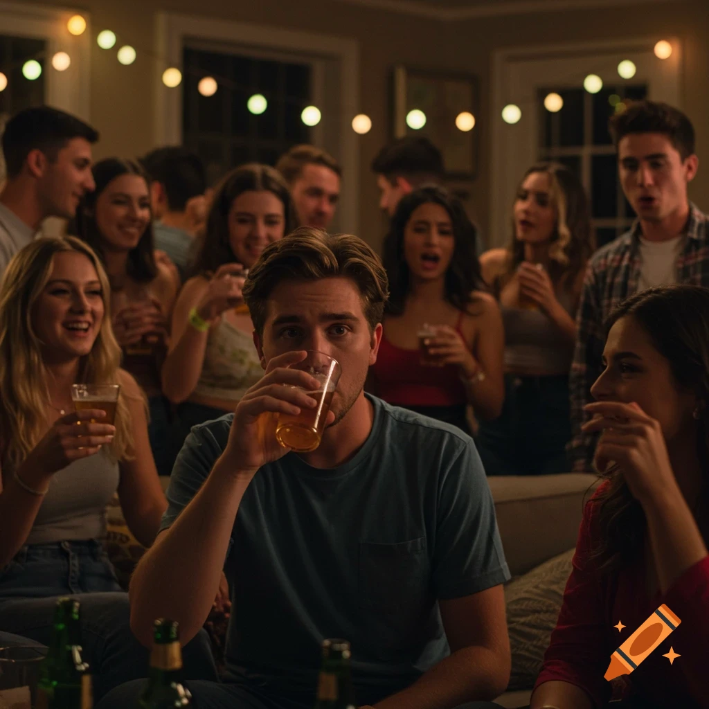 A group of young people at an indoor party, one drinking from a glass, with string lights.