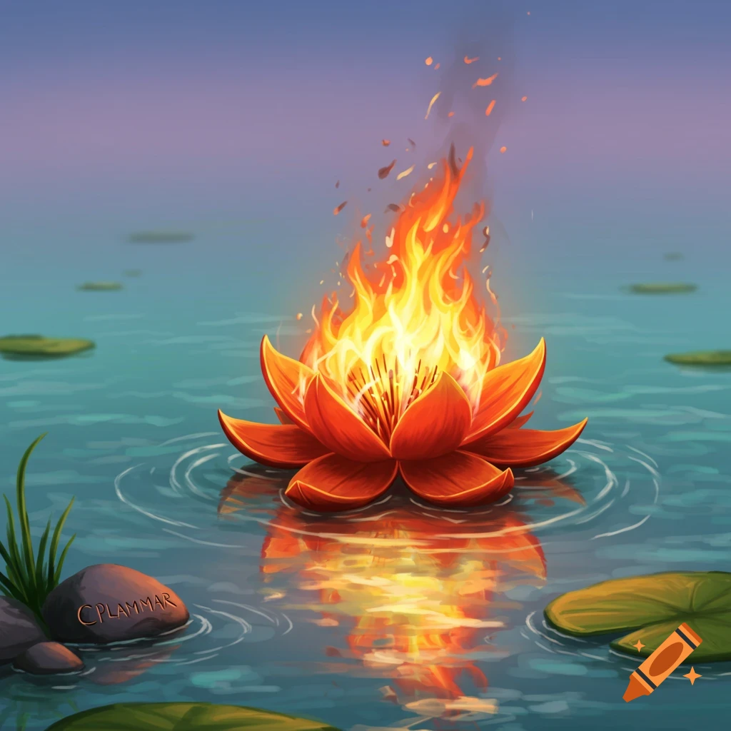 A burning lotus flower floats on water with the name CPLAMMAR written on a rock.