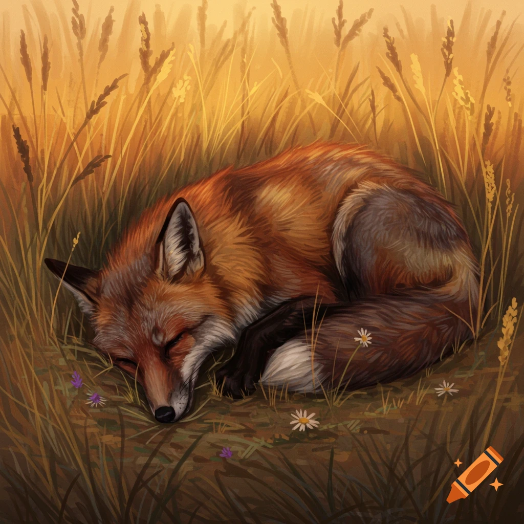 A fox is sleeping curled up in tall grass with wildflowers.