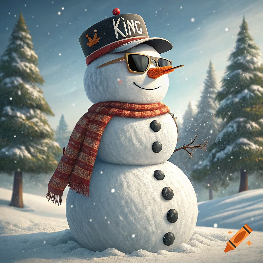 A snowman wearing sunglasses, a scarf, and a hat with 'KING' written on it, stands in a snowy winter landscape with trees.