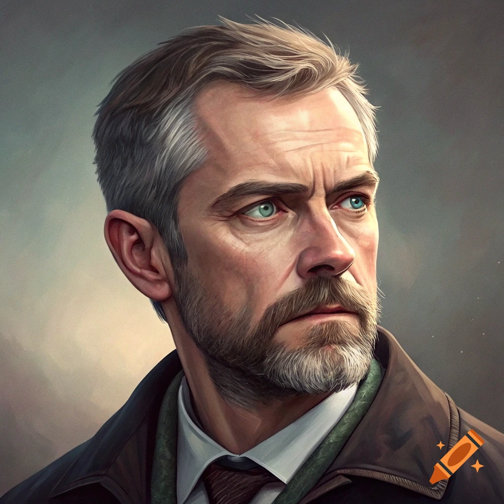 Digital illustration portrait of a middle-aged man with grey hair and beard, looking right.