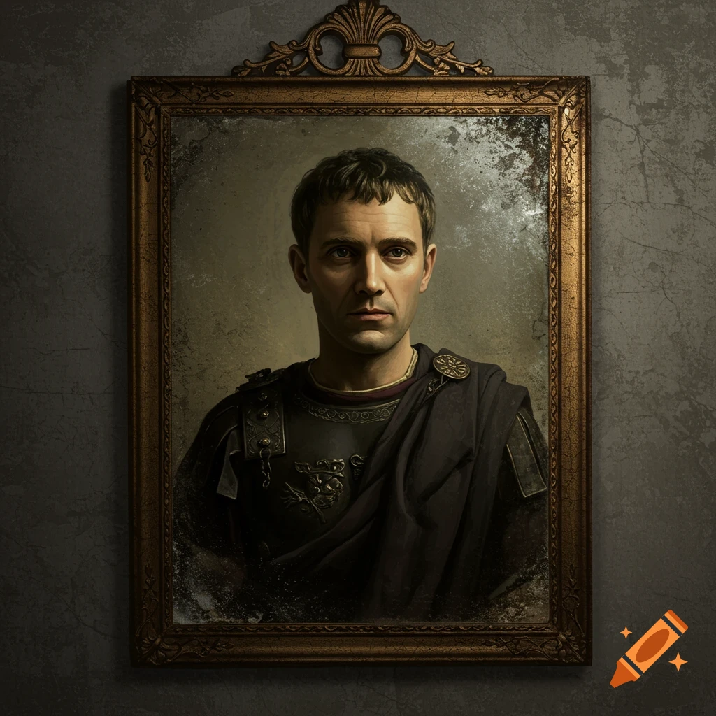 A man in Roman armor and toga in a distressed gold frame against a textured wall.