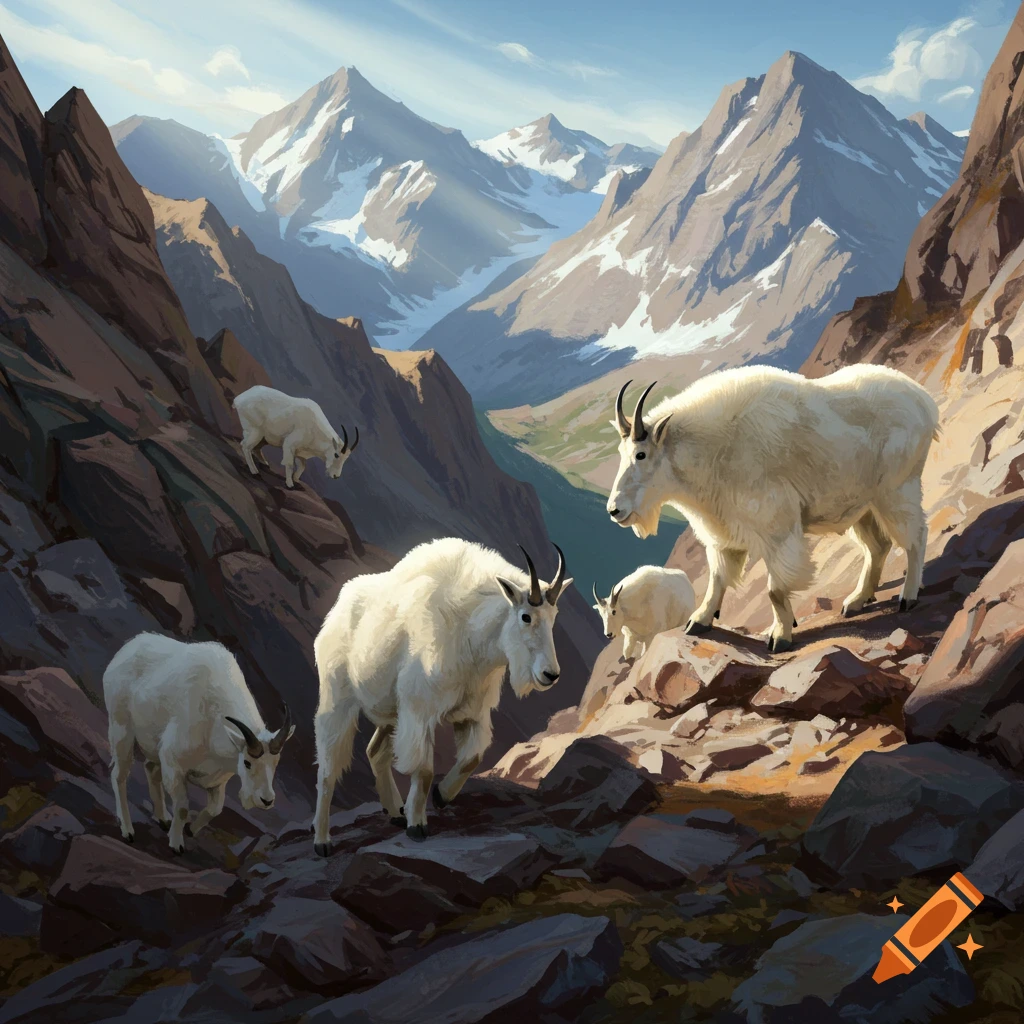 Mountain goats climb rocky slopes in a valley with snowy mountains.