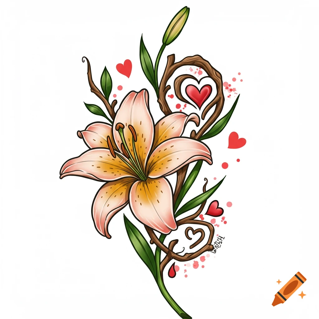 A stylized pink and yellow lily flower with red hearts, vines, and splatters, resembling a tattoo design.