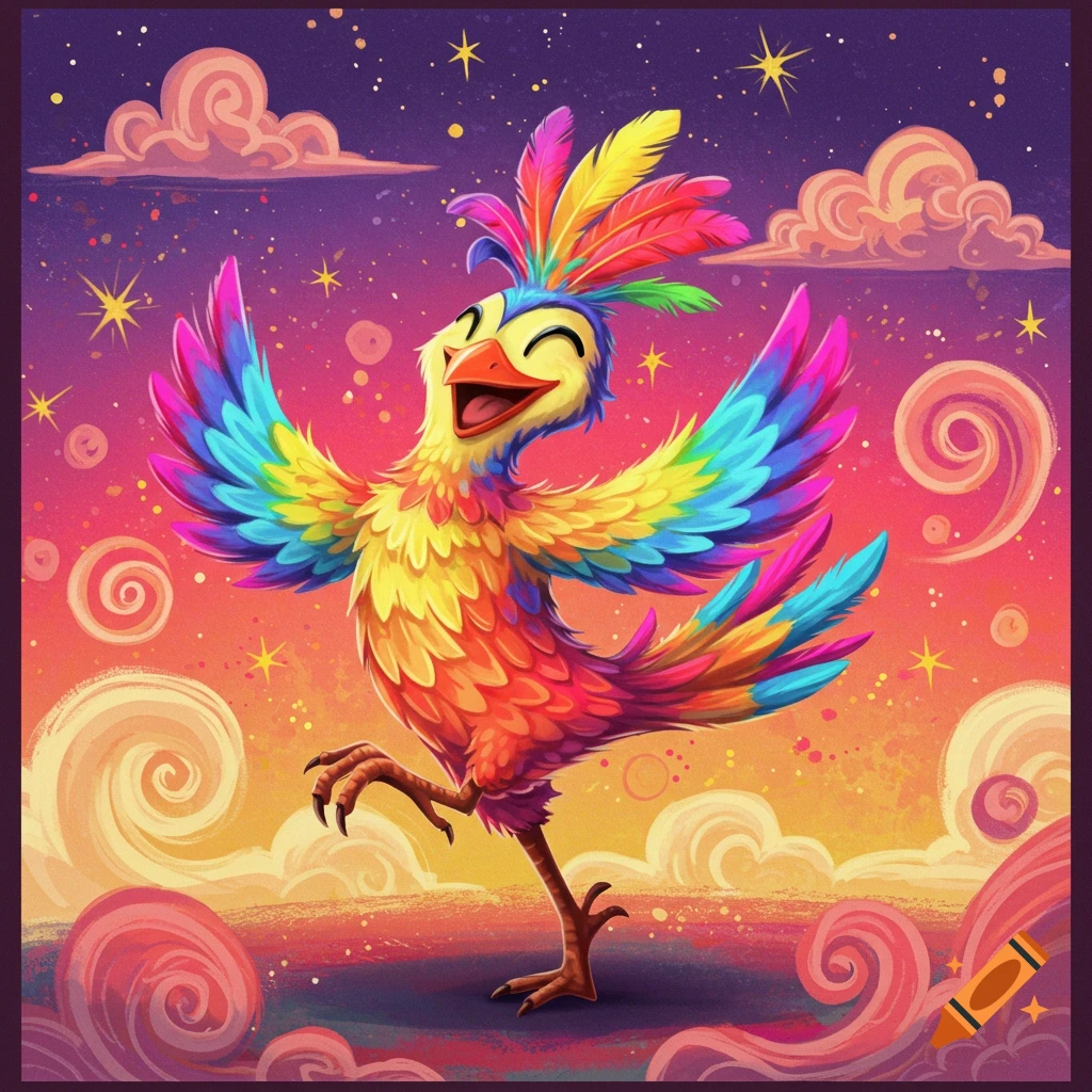 Colorful cartoon bird dancing in a starry sky