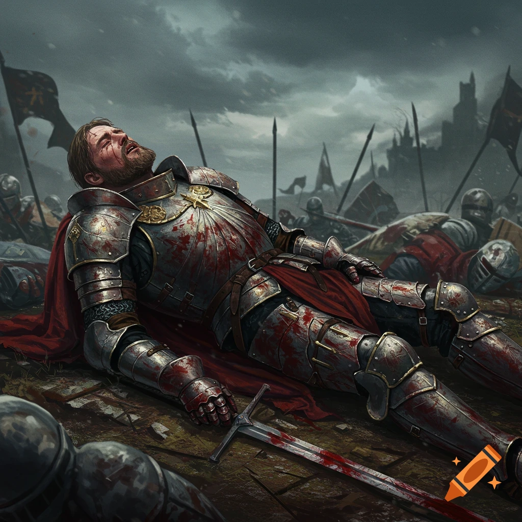 A dead knight lies on a bloody battlefield among fallen soldiers.
